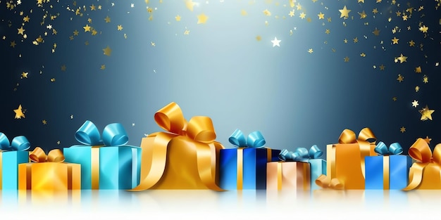 금 활이 달린 파란색과 금색 선물 상자.