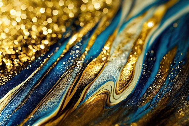 Blue and gold glitter fluid acrylic abstract texture background