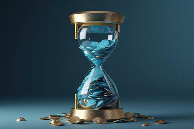 Blue and gold hourglass on a table generative ai