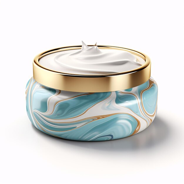 a blue and gold jar with white cream in it