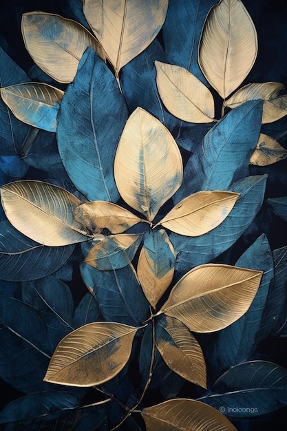 a blue and gold leaf that is on a blue background