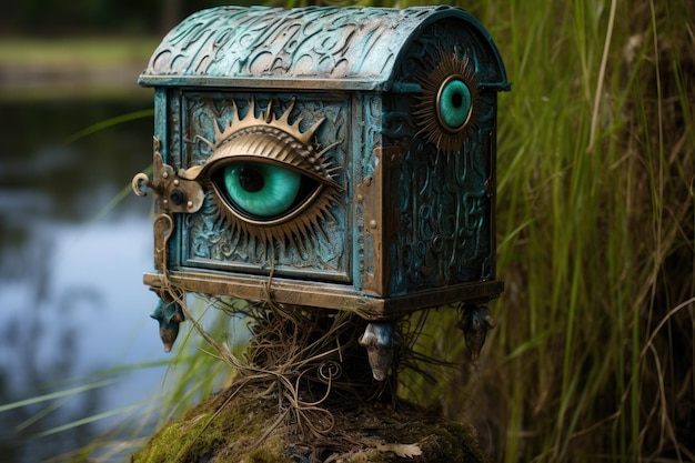 a blue and gold mailbox with an eye on it