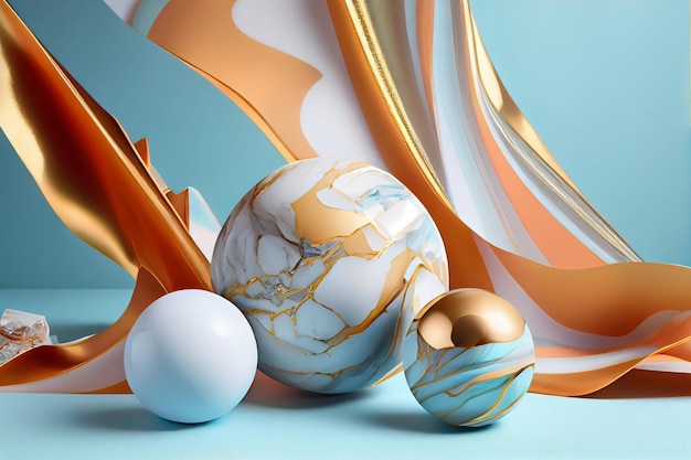 A blue and gold marble ball sits on a blue background