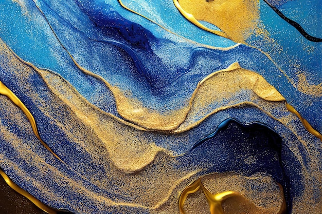 Foto sfondo di pittura acrilica fluida in marmo blu e oro