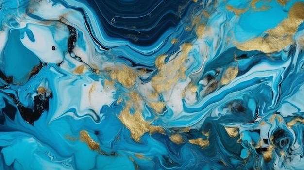 A blue and gold marble painting with gold paint