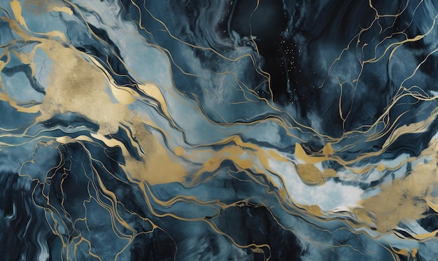 Синий и золотой мраморный текстурный фон с царственным генеративным ИИ