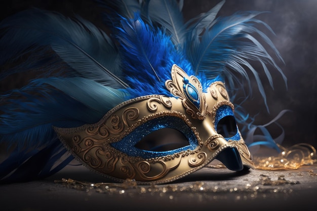 A blue and gold mask with feathers on a table generative AI