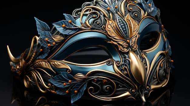 A blue and gold masquerade mask with gold leaves on black background Generative ai