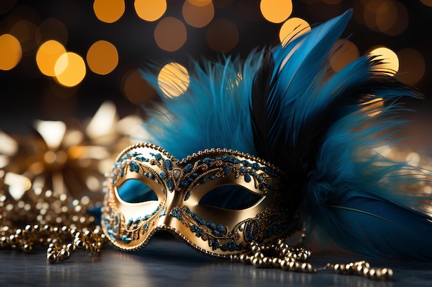 Blue and gold masquerade mask on wooden table