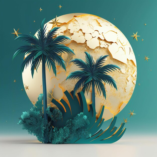 Blue and Gold Moon with Gold Stars and a Palm Tree Silhouette