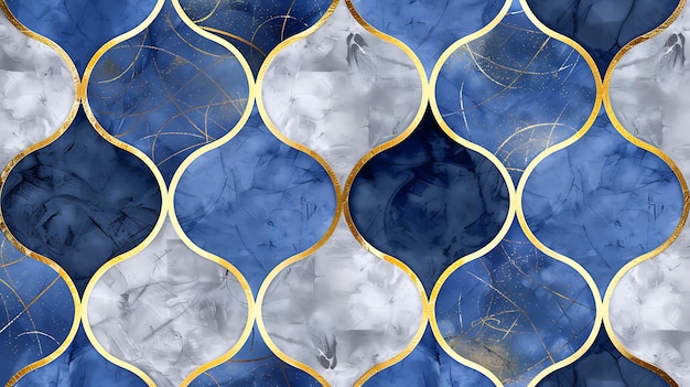 a blue and gold mosaic with a white and gold pattern