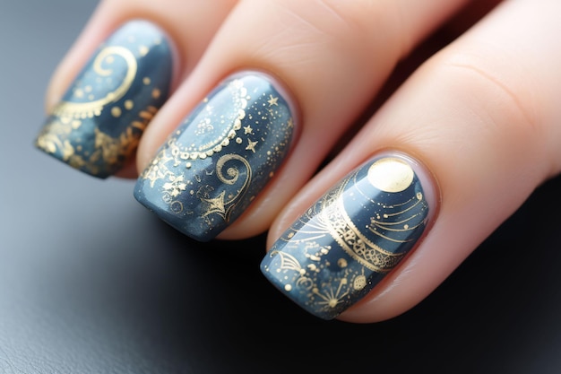 a blue and gold nail art design with gold stars