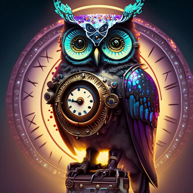 Photo a blue and gold owl with a clock on it's face