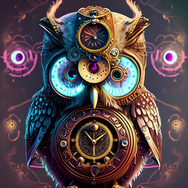 Photo a blue and gold owl with a clock on it's face