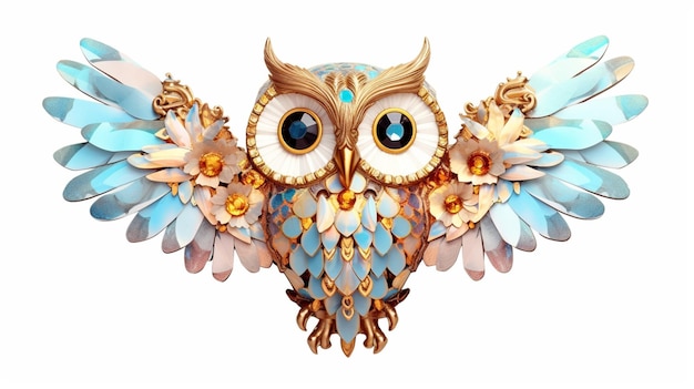 A blue and gold owl with white flowers on the wings.