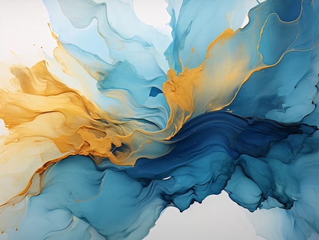Сине-золотая краска всплеск и текстура на белом фоне Paint Stain Generative AI