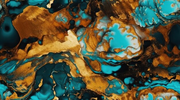 A blue and gold painting of a blue and gold colored liquid.