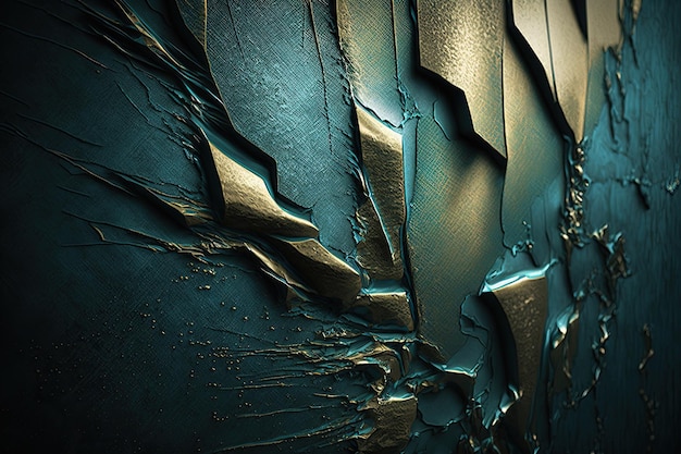 A blue and gold painting of a broken wall.