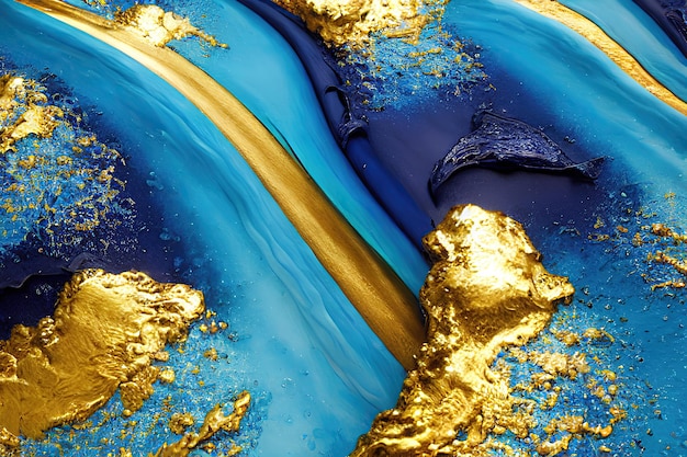 A blue and gold painting of a gold and blue liquid.