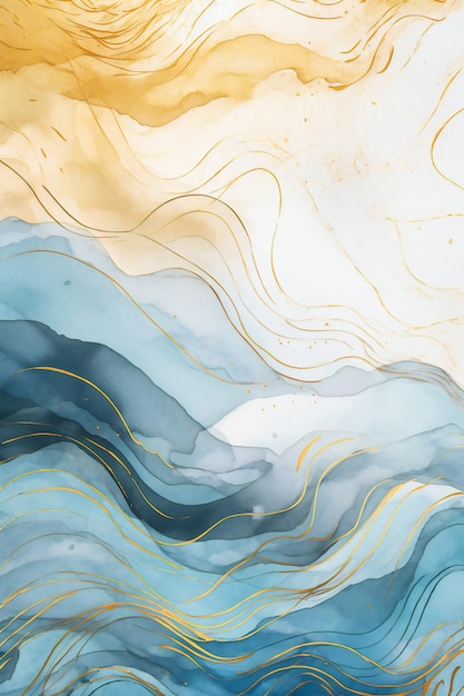 A blue and gold painting of a wave with a gold stripe.