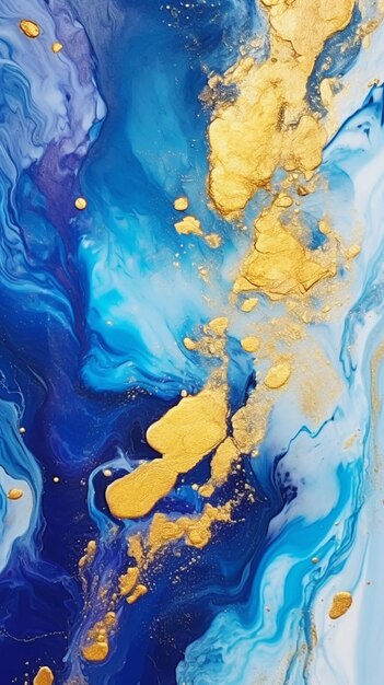 A blue and gold painting with a blue background