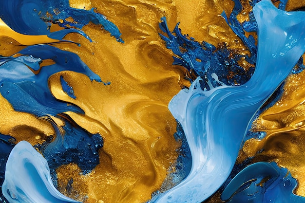 A blue and gold painting with a blue paint splashing down the middle.