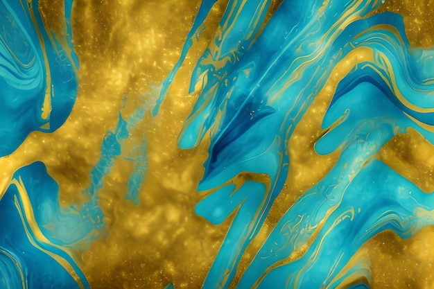 A blue and gold painting with a gold background