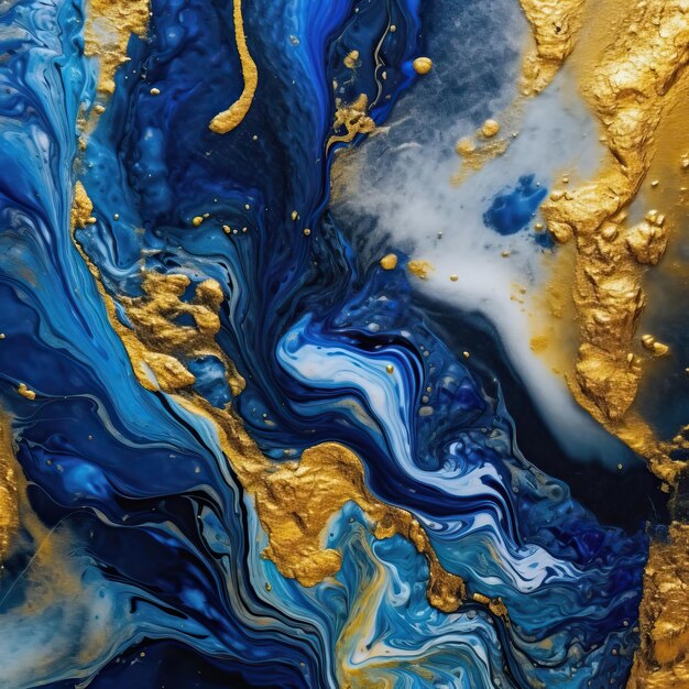 A blue and gold painting with gold paint and blue paint