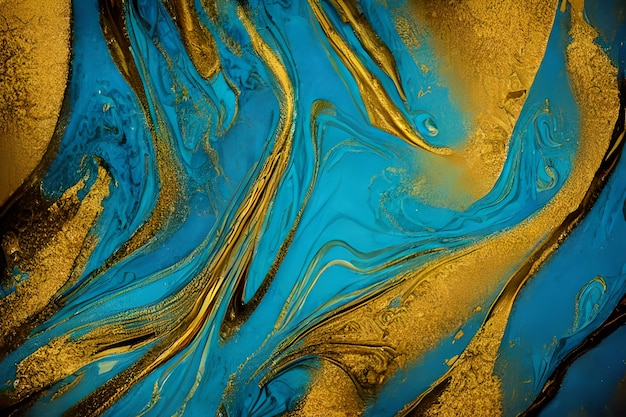"금"이라고 적힌 금색 페인트가 있는 파란색과 금색 그림.