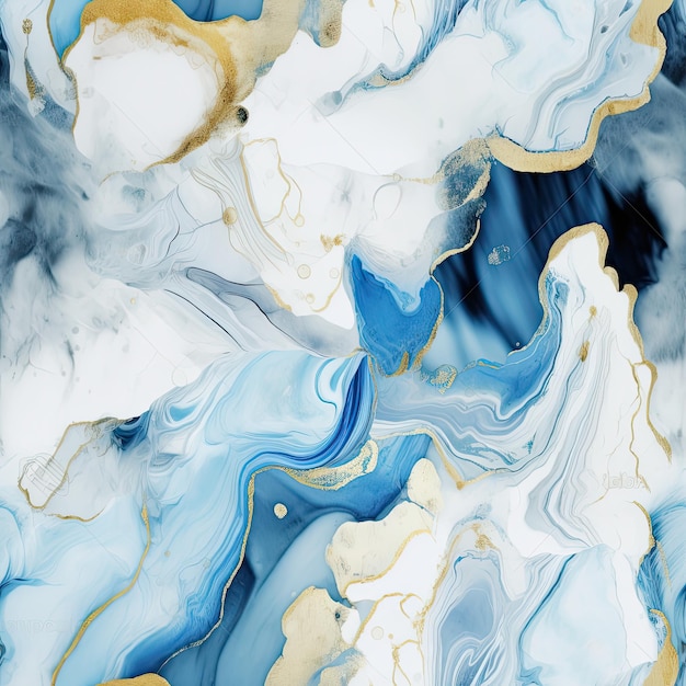 A blue and gold painting with a marble background.
