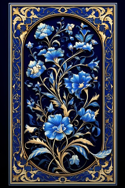 a blue and gold panel with flowers and a gold border