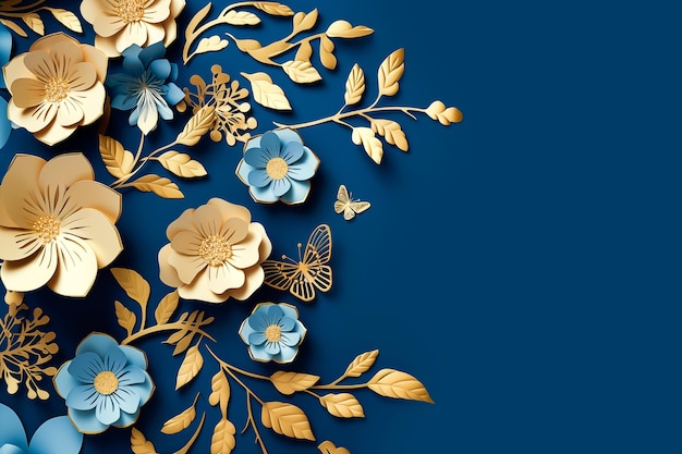 Blue and gold paper flowers on a dark blue background Copy space greeting card