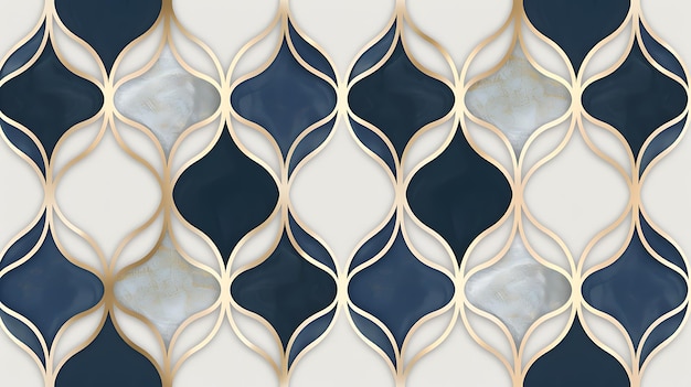 원의 패턴을 가진 파란색과 금색 패턴의 벽지