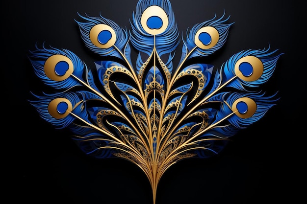 A blue and gold peacock is shown with a blue and gold design.