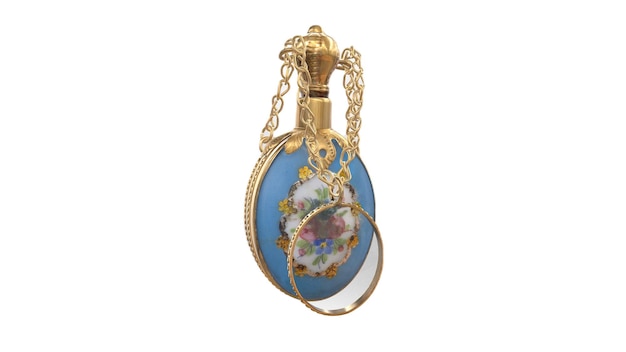 A blue and gold pendant with a floral design