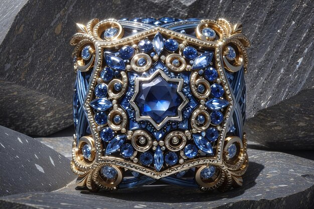 a blue and gold piece of art is shown with a blue diamond