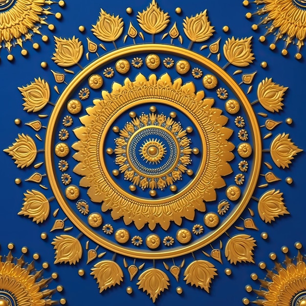 a blue and gold piece of art with a blue circle and gold flower design