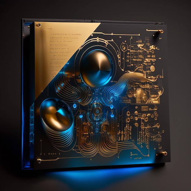 A blue and gold piece of art with a blue light that says'the word'on it '