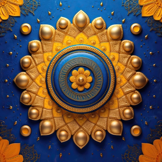 a blue and gold piece of art with a flower on it