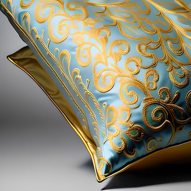 A blue and gold pillow with a gold design on it.