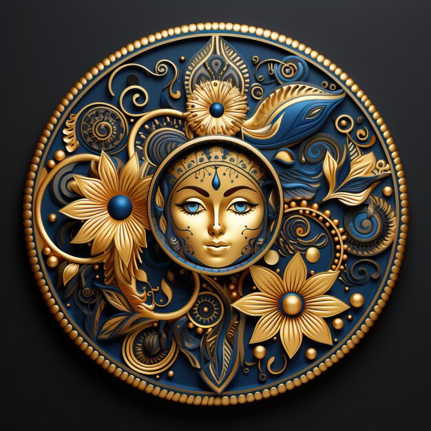 a blue and gold plate with a face that says " the sun " on it.