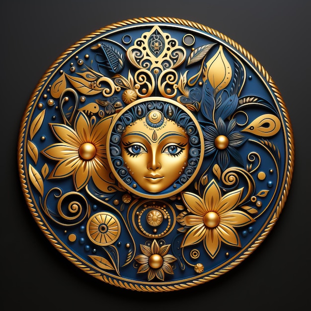 a blue and gold plate with a face of a woman with flowers on it.