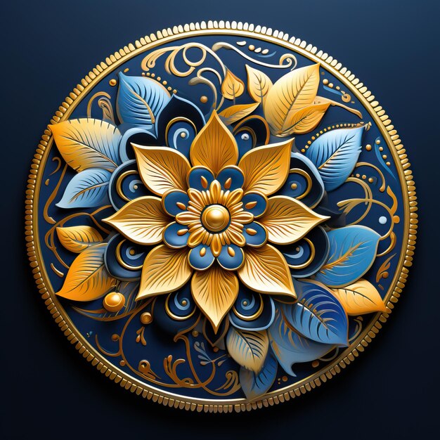 a blue and gold plate with a flower on it