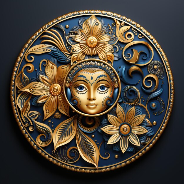 a blue and gold plate with a sunflower on it