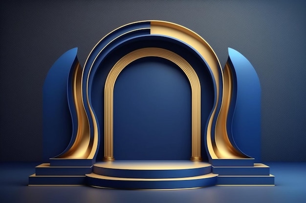製品プレゼンテーション用の青と金の表彰台のコンセプト シーン ステージ ショーケース