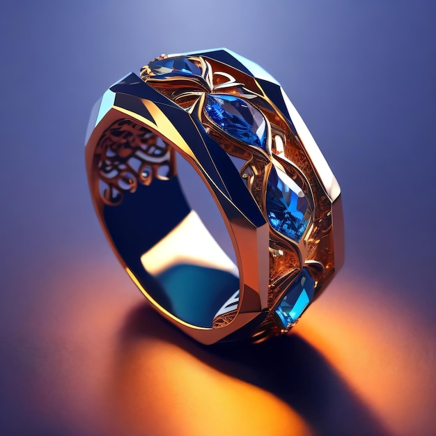 A blue and gold ring with a diamond design on it