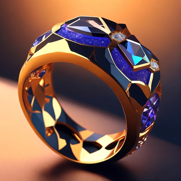 A blue and gold ring with diamonds and diamonds on a table.