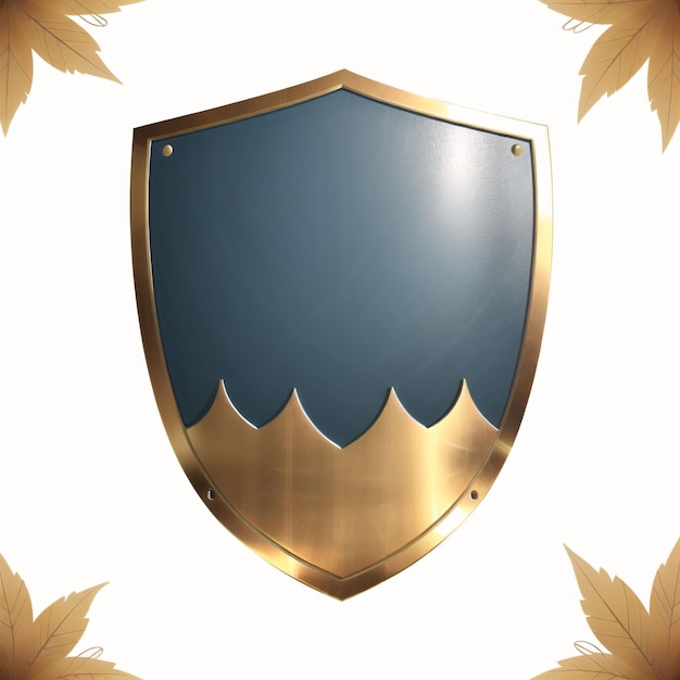 A blue and gold shield with a gold border and leaves around it.