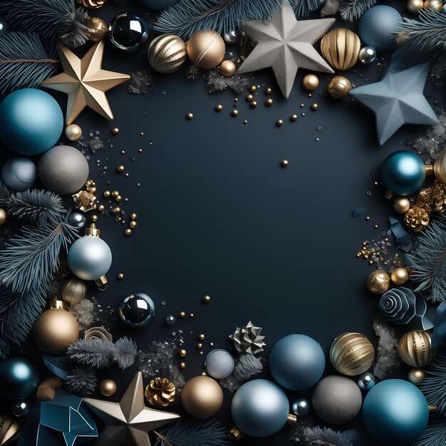 파란색 금과 은색 크리스마스 장식 경계는 텍스트를 복사 할 수있는 공간과 함께 네이비 파란색 배경에 있습니다.