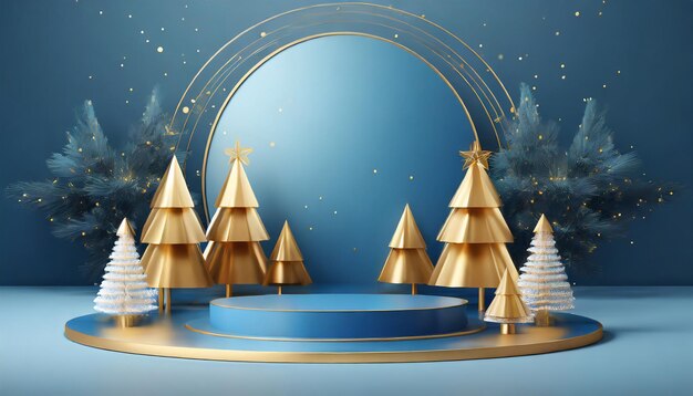 Blue and gold stage podium with Christmas trees